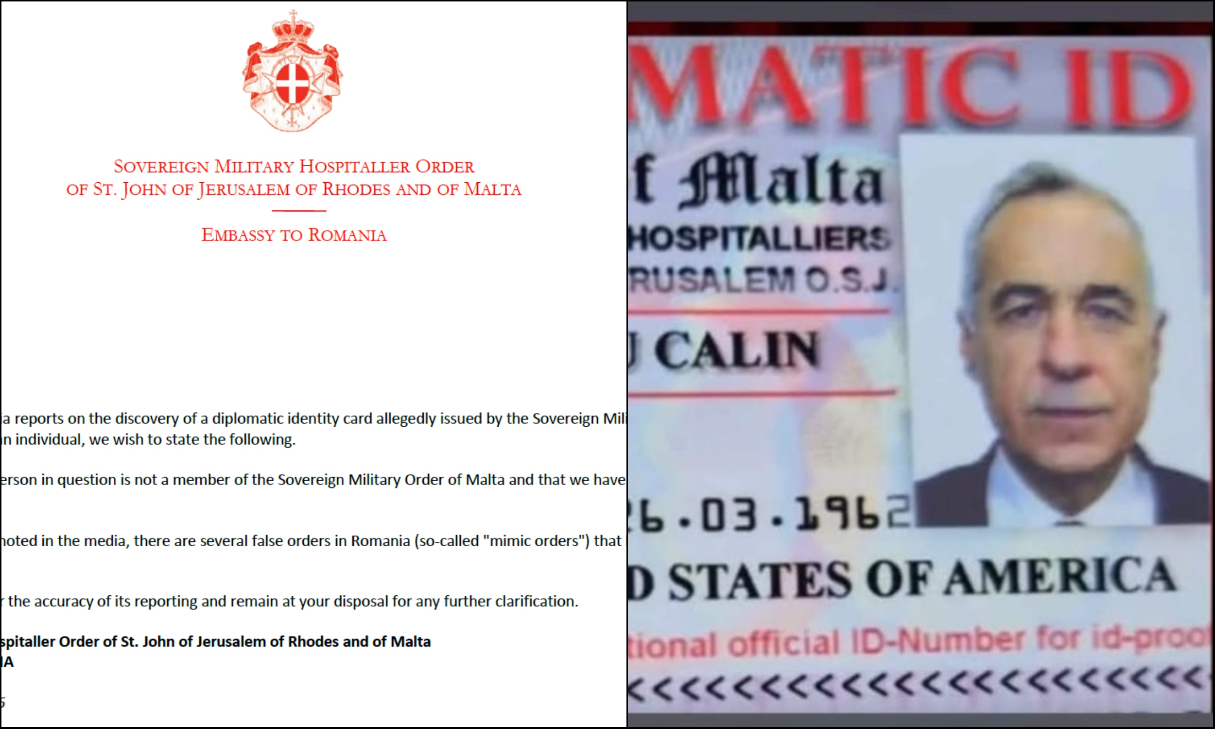 Ambasada Ordinului de Malta neagă statutul de cavaler pentru Călin Georgescu